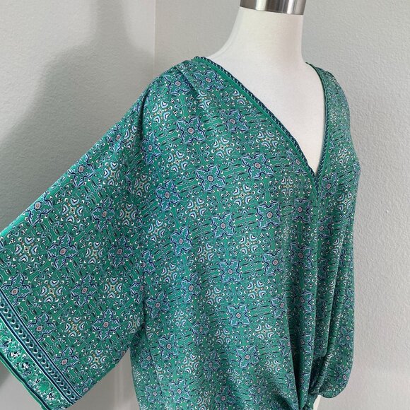 Max Studio Womens Plus 3X Green Blue V Neck Tie Front Blouse Kimono Sleeve Shirt - Picture 3 of 10